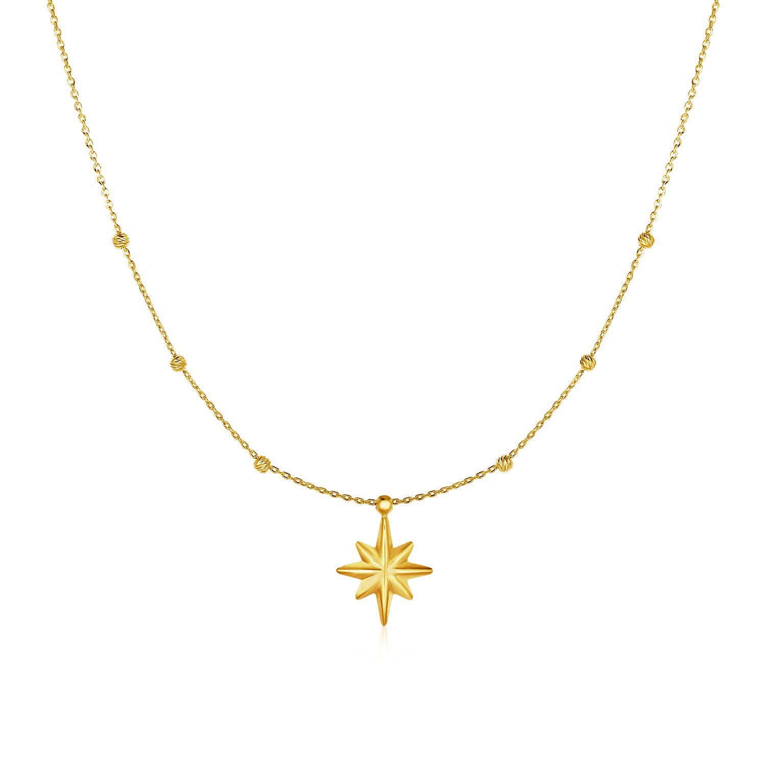 14k Yellow Gold Necklace with Eight Pointed Star and Beads in a sleek high-contrast midnight luxury editorial style